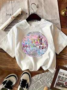Camiseta Retro de los 80 para Mujer con Estampado de Bola de Discoteca y Baile Disco - Blusa Blanca de Manga Corta, Cuello Redondo, Estilo Casual y Holgado, Tejido Transpirable, Ideal para Eventos Temáticos de los 80, Fiestas de Cumpleaños y Uso Diario, Ajuste Cómodo, Lavable a Máquina, Uso en Todas las Temporadas, Regalo Perfecto para Graduaciones y Salidas Informales, el Estampado de Bola de Discoteca Combina con el Estilo de la Era Disco, Ropa de Verano. - Blanco - Ver 7