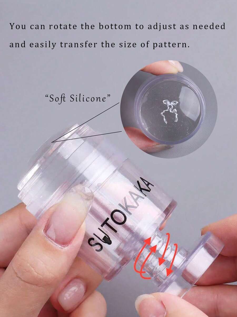 Professional Adjustable Rotating Transparent Silicone Nail Art Stamp - Multi-Size Floral Pattern Suitable For Hand And Foot Nail Printing, Comes With Scraper Tool And Easy-To-Clean Mold, Suitable For DIY French Nail Art, Suitable For Beginners And Professional Nail Artists For Home And Salon Use - Clear - View 1