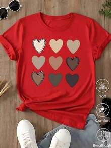 Playera Blanca para Mujer con Estampado de Nueve Corazones en Tonos Tierra y Café, Camia Casual de Manga Corta Estilo Minimalista y Coquette, Top Moderno Suave y Transpirable con Gráfico de Amor Artístico, Blusa Juvenil de Moda para Verano y DiarioAdecuado como regalo. playera de mujer. blusas>elegantes. boho chic,Exquisita camiseta estampada de cuello redondo para mujer, ideal para varias estaciones, perfecta para vacaciones, viajes y días festivos. - Rojo - Ver 6