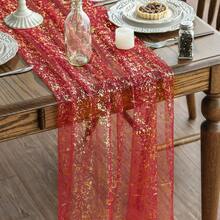 1pc Gold Foil Mesh Table Runner, Thin Tulle Table Cloth For Birthday Party, Wedding, Event, Suitable For Home Daily Use, Outdoor Party, Anniversary, Wedding Decoration And Holiday Dining Table - Red and Gold - View 4