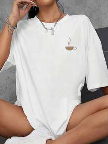 Graphic T-Shirt For Coffee Lovers, Short Sleeve Cotton T-Shirt With Round Neck, Double-Sided Print, Casual Fashion For Women (1 Piece) 100% Cotton, Soft Fabric - 白色 - 查看 2