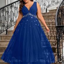 Cravure Plus Size Women's Solid Color Beaded Simple And Elegant Everyday Mesh Dress Maxi Women Outfit Wedding - azul real - Ver 7