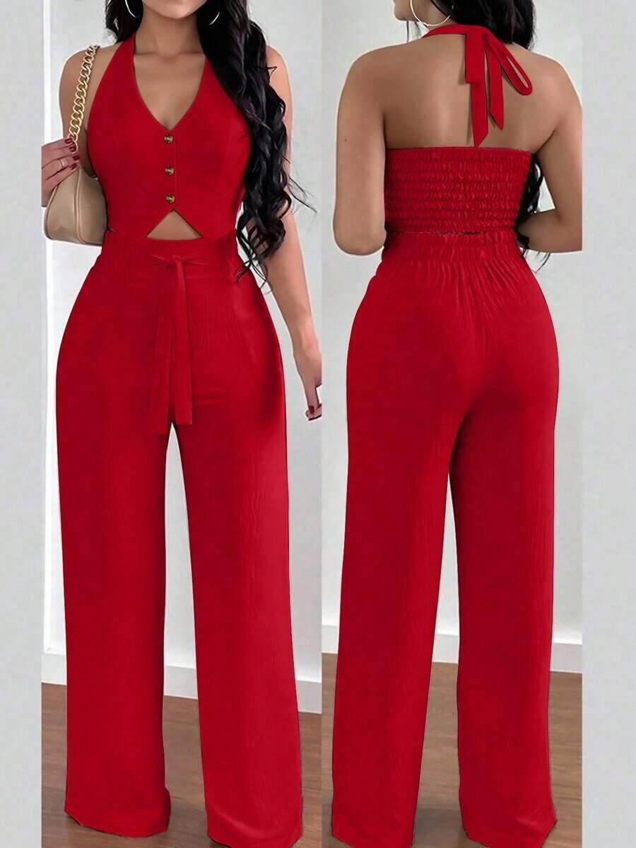 Conjunto de 2 piezas de chaleco sin espalda con atar en el cuello y pantalones de pierna ancha, estilo casual de vacaciones para mujer - Rojo - Ver 1
