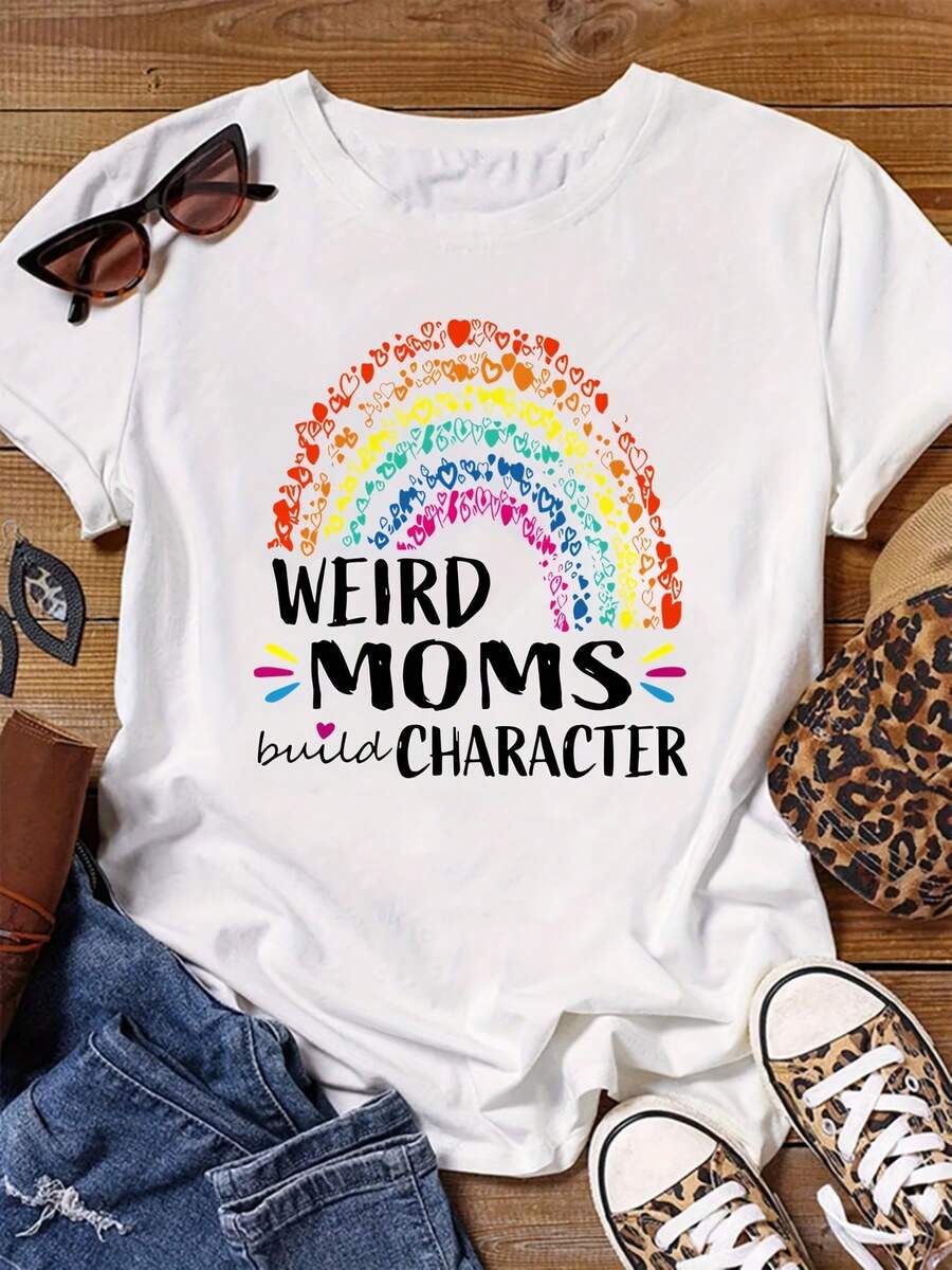 Camiseta casual de manga corta con estampado WEIRD MOM para mujer talla plus, cuello redondo, ideal para primavera y verano