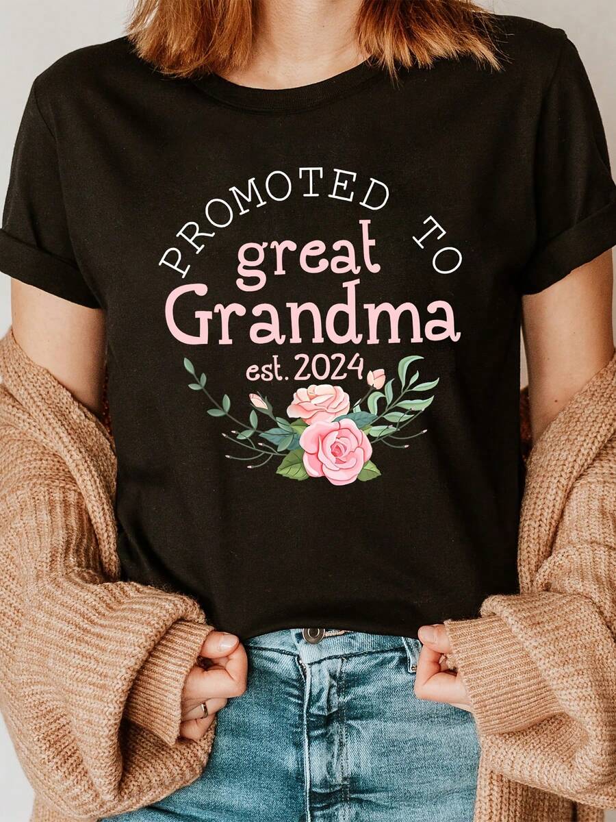 Camiseta con estampado de letras de moda y flores rosas "Promovida a bisabuela", manga corta y cuello redondo, top casual para verano y primavera, ropa de mujer - Negro - Ver 1