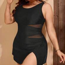 Swim Lushoire Plus Size Women's High-End Solid Color Splicing Mesh Wide Strap Slit Elegant Summer Beach Vacation One-Piece Swimsuit - Negro - Ver 4
