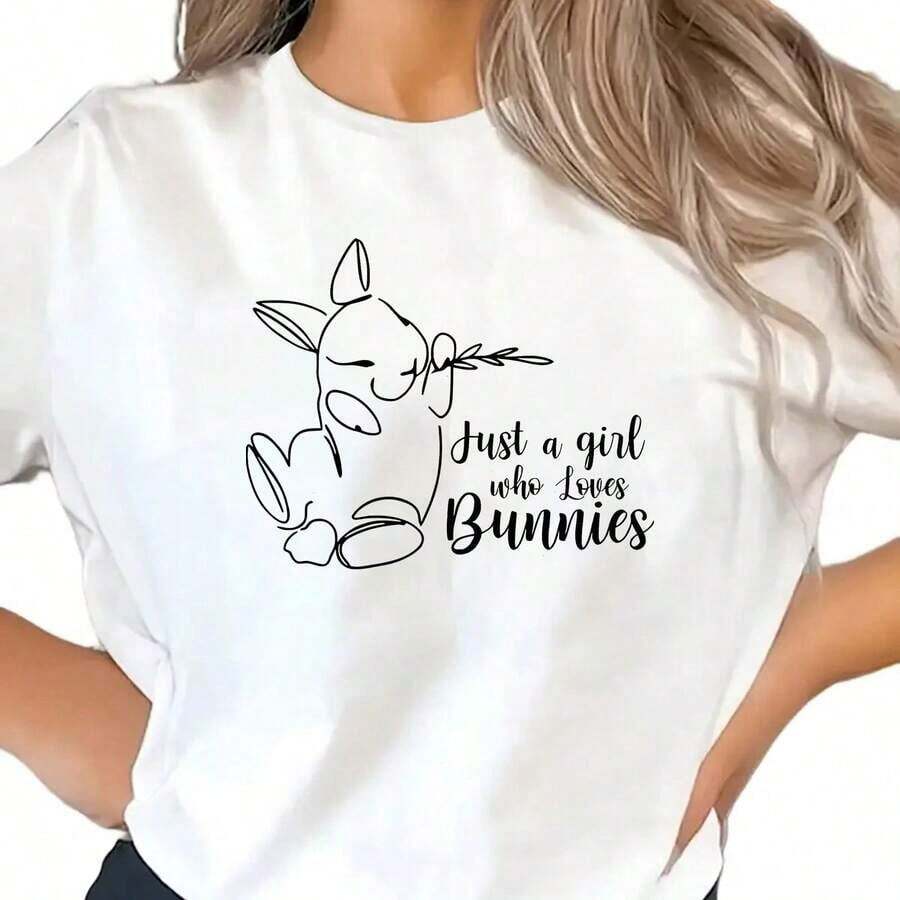 Camiseta gráfica para mujer con diseño de conejito lindo, texto 'Just A Who Bunnies', blusas casuales para dama - Blanco - Ver 1