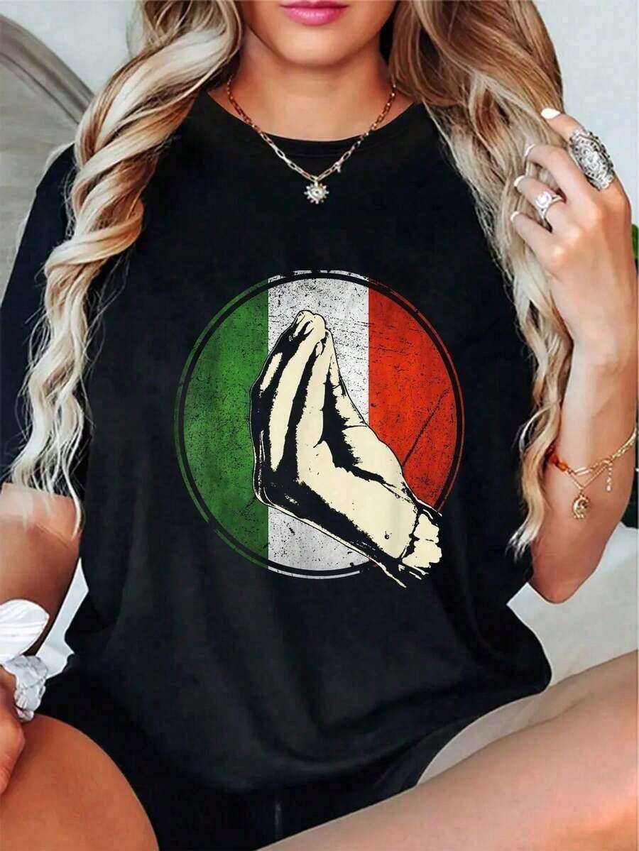 Camisetas de regalo italianas 100% algodón, camiseta divertida de Italia, camiseta de manga corta con cuello redondo, top casual para verano y primavera, ropa de mujer. - Negro - Ver 1
