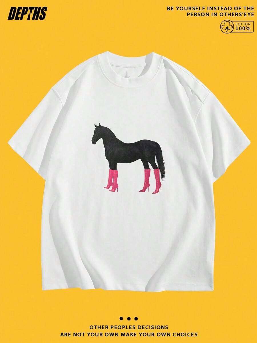 New Summer 2026 Collection, Unisex Styles, Crew Neck T-Shirt With Creative And Fun Cartoon Print, Pure Cotton, Summer Fashion, Short Sleeve, Casual Style For Everyday Wear, Sizes: S–7XL | Ships In 24 Hours - 白色 - 查看 1