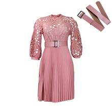 New 2026 Women's Solid Color Lace Crochet Hollow Out Ruched Dress - Pink - View 7