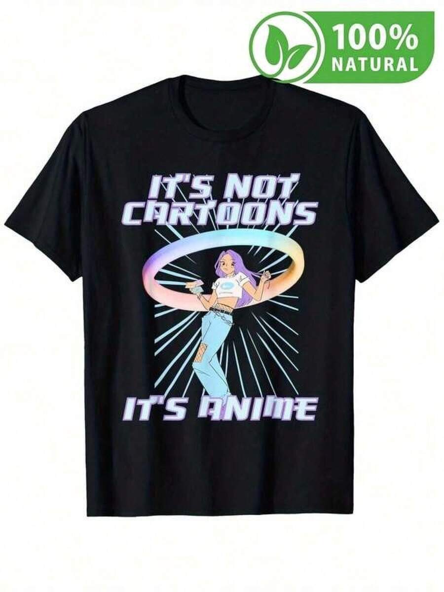 Herr-T-shirt med anime, exklusiv design, retrostil, humoristisk fras, "Inte tecknat", ungdomligt urbant mode, avslappnad kortärmad T-shirt, perfekt för anime- och popkulturfans i Mexiko. (Toppar för kvinnor, damkläder, sommarklänning, T-shirt, avslappnad sommartopp för kvinnor) - Svart - Visa 1
