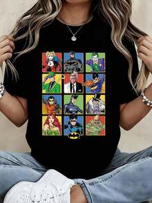 Warner Bros. Joker And Joker Grid Design T-Shirt For Women, Men, And Unisex, Comic Book Superhero Graphic Tee,  Casual Top. | Exquisite Design | Loose And Comfortable | Easy To Match | - 黑色 - 查看 8