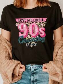 90s Country Music Lyric Print T-Shirt, Summer Style, Short Sleeves, Round Neck, Casual, Suitable For Summer And Spring, Women's Clothing, Y2Y-Spring Sets For Women, Summer Tops, Summer Clothes, Tops. | Exquisite Design | Loose And Comfortable | Easy To Match | - 黑色 - 查看 8
