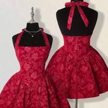ICON Women's Jacquard Backless Dress, Sexy & Elegant Palace Style - Rojo - Ver 2