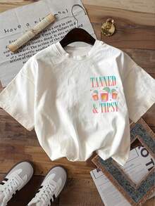 [Double-Sided Print] Women's Summer Clothing, Women's Short Sleeve, Vintage Style, Cup, Lime, TANNED& TIPSY Printed Round Neck Short Sleeve T-Shirt,Ca - 白色 - 查看 2