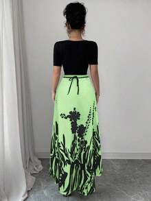 YHHSelianne Vestido de punto con cuello cuadrado, manga corta, cintura ajustada y entallada, estampado de estilo chino, parches de contraste de colorYHH - Multicolor 11 - Ver 2