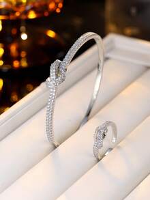 1 Set French Design Knotted Bracelet And Ring 2 Pieces Set, Luxury Elegant Open Cuff Jewelry Set, Versatile Daily Wear - Bracelet Ring Set - View 4