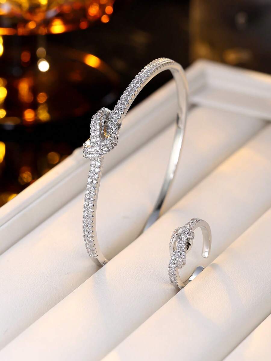 1 Set French Design Knotted Bracelet And Ring 2 Pieces Set, Luxury Elegant Open Cuff Jewelry Set, Versatile Daily Wear - Bracelet Ring Set - View 1