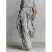 Nuevo conjunto de dos piezas para mujer gris de gasa con tirantes asimétricos y pantalones palazzo de moda - Gris - Ver 2