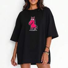 Camiseta de manga corta 100% algodón puro, con diseño de dibujos animados, linda, elegante, versátil, cómoda, holgada, moderna, de talla grande, única. - Negro - Ver 2