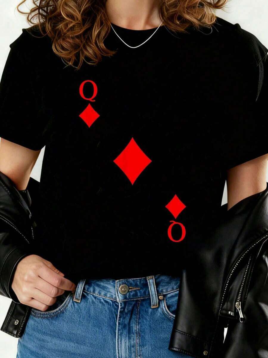 Camiseta de póker de reina de diamantes de cartas de juego, disfraz de carnaval, camiseta impresa para mujeres 2026, camiseta de otoño para mujeres, camiseta de invierno, camiseta de para mujeres VX0L - Negro - Ver 1