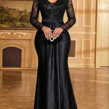 Lady Women's V-Neck Lace Patchwork Pleated Elegant Waist Cinched Long Party Dress - Negro - Ver 7
