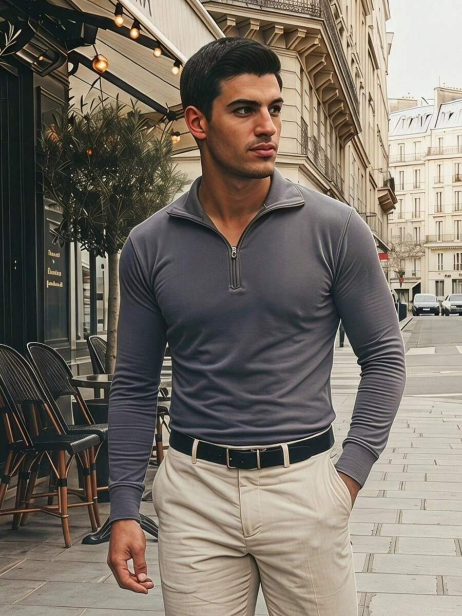 Cacharrel Zip Polo Neck Long Sleeve ITALIAN Classic - Dark Grey - View 1