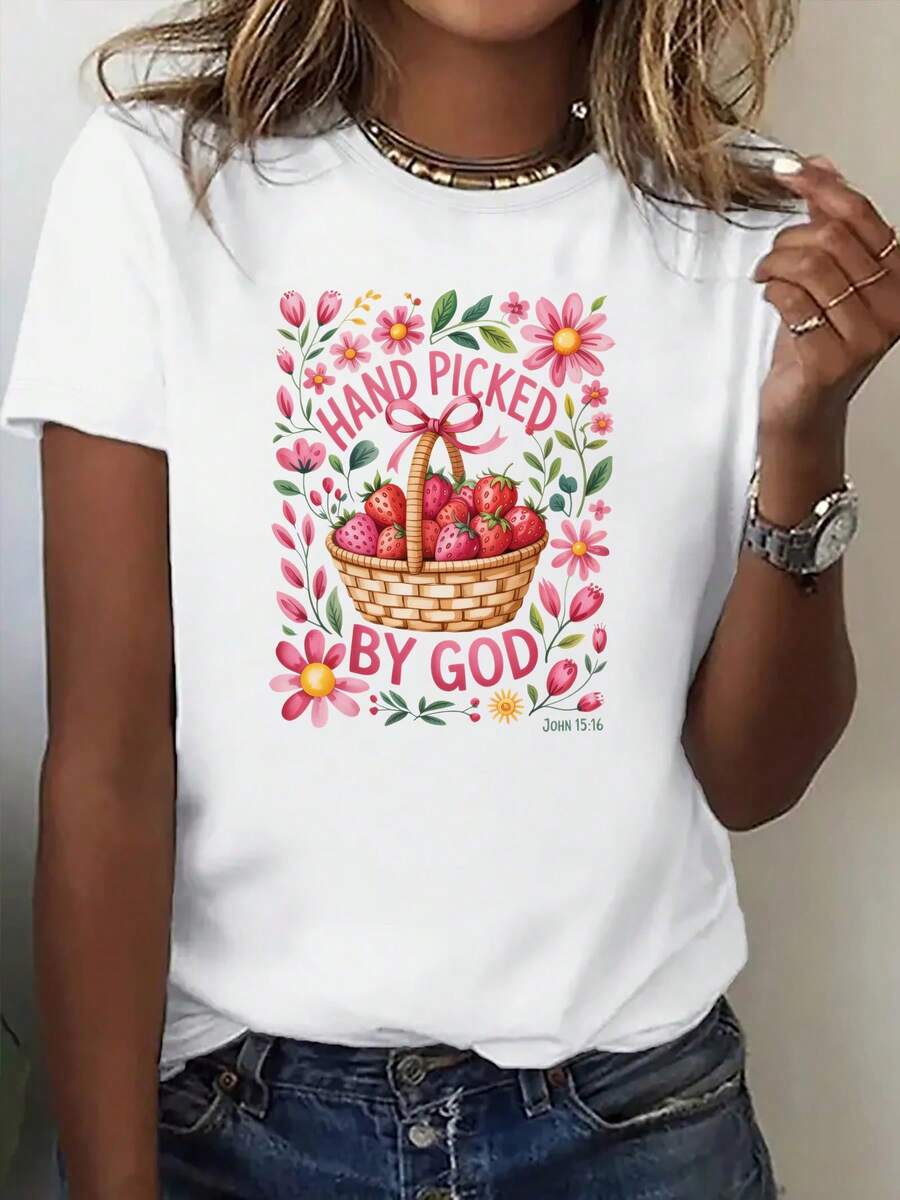 Camiseta de Mujer Vintage con Estampado de Fresas y Flores - Blusa de Manga Corta y Cuello Redondo, Cómodara Todas las Estaciones, Lavable a Máquina, I para Uso Casual, Picnics, Compras y Actividades al e