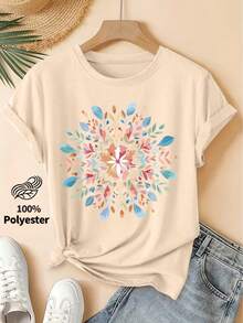 Primavera/Verano 2026, Nueva Camiseta de Manga Corta para Mujer con Cuello Redondo y Estampado Floral de Mandala en Acuarela, Estilo Vintage Desgastado, Top Casual, Tejido de Punto Suave, Ropa de Mujer de Alta Calidad. | Diseño Divertido y Original | Adecuado para uso diario en primavera, verano y otoño. | Camiseta Divertida y Juvenil - Estilo Urbano Vintage Unisex, Holgada, de Algodón, Manga Corta y Cuello Redondo - Blanco - Ver 9
