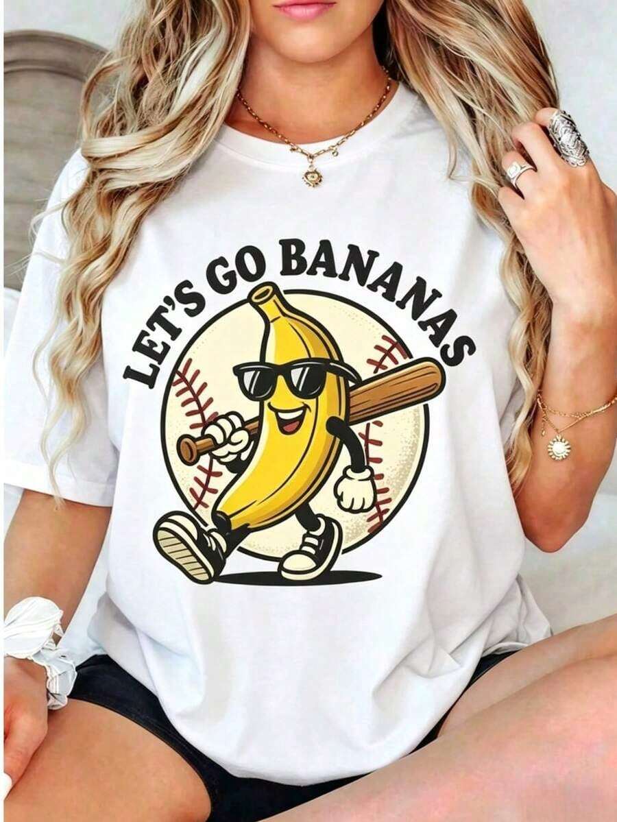 Women's Casual Crew Neck Fitted T-Shirt With "Let's Go Bananas" Graphic Print, Funny Banana Baseball T-Shirt, Retro Banana And Bat T-Shirt, Sports Team Mascot, Banana Playing Baseball, 2026 - Suitable For Daily Wear, Holidays, Parties, 100% Cotton, Durable - 白色 - 查看 1