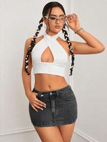 Minifalda de mezclilla ajustada y de tiro bajo lavada, con estilo callejero sexy para el verano - Gris - Ver 3