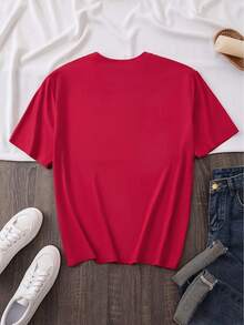 Women's Short-Sleeved Shirt With Cherry Print, Made Of Polyester Fiber, Round Neck, Suitable For All Seasons, Geometric Pattern, 180 Grams Per Square Meter, . - Red - View 4