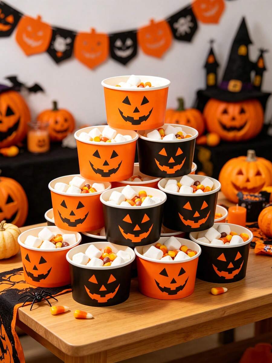 10pcs Halloween Paper Bowls, Happy Halloween Pumpkin Face Design Candy Bowls, Ice Cream Bowls, Popcorn Paper Bowls, Snack Bowls, Disposable Food Containers, Cookie Baking Bowls, Halloween Party Disposable Tableware, Halloween Party Supplies, Halloween Decorations, Halloween Family Gathering Accessories, Halloween Candy Party Decor, Halloween Celebration Gifts, Kitchen Supplies, Food Packaging Supplies