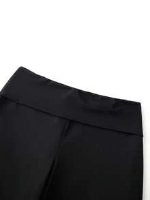 Women's Spring Summer Baggy Pants Foldover Waist Solid Color Loose Wide Leg Pants - Black - View 2