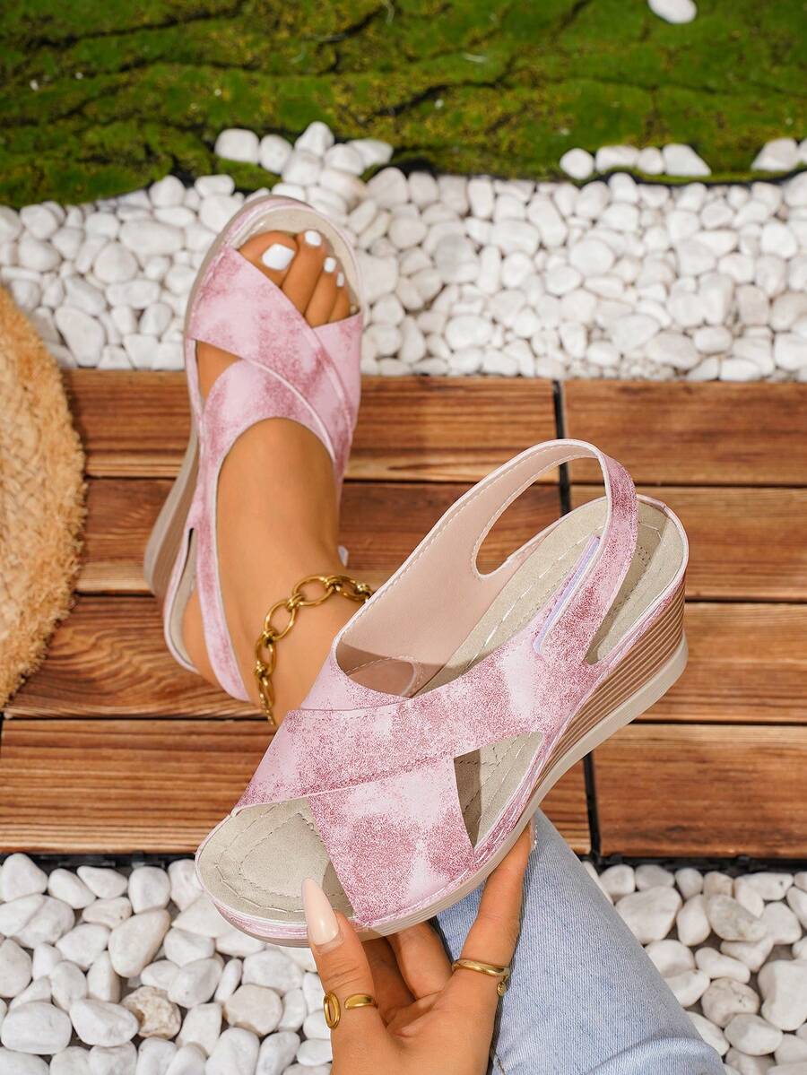 Plus Size Women's Fashion Comfortable Lace-Up Wedge Sandals - Pink - View 1