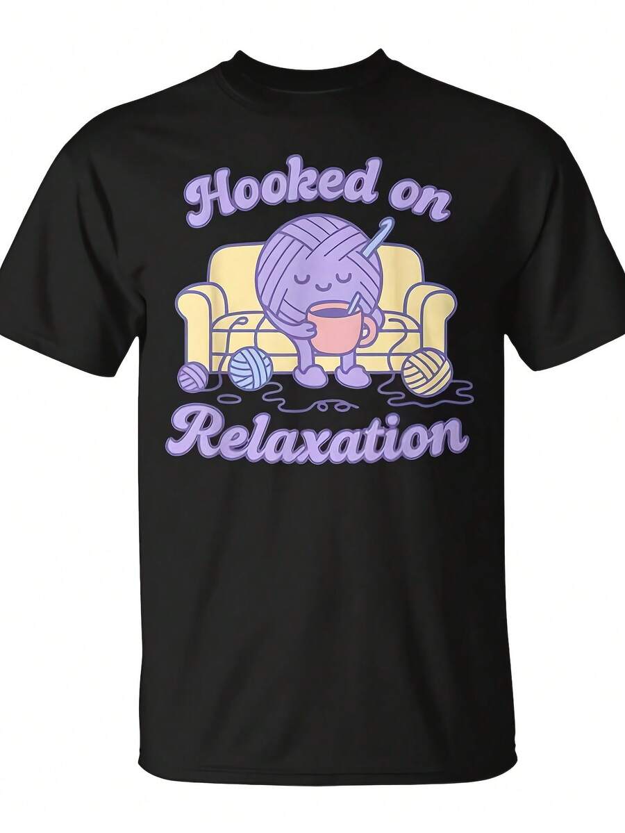 Camiseta "Hooked On Relaxation" para amantes del hilo de croché ting Monsterry2026 de talla grande, camiseta de ajuste casual y cómodo, tela duradera, atuendo diario, diseño clásico, material suave, camiseta estampada, ropa para adultos, regalos de festividades - Negro - Ver 1