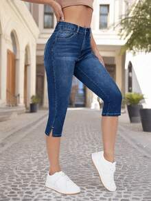 Jeans elásticos de talle alto, ajuste regular, cintura media, lavado azul, corte pitillo 7/8, con abertura lateral, favorecedores, pantalones casuales para el verano - Azul lavado oscuro - Ver 4