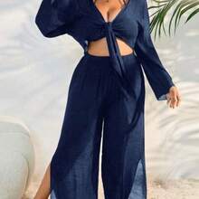 Swim Lushore Plus Size Women's Plain & Simple Daily Chiffon Kimono Cover Up Summer - Azul Marino - Ver 1