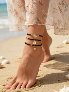 3pcs Fashionable Elegant Rice Bead Anklets, Colorful Beads, Starfish And Shell Charms, Stretchy Multi-Layer Beaded Anklets, Summer Beach Vacation Style, Daily And Holiday Accessories, Suitable For All Seasons (Bead Color Quantity Order Random) - JL04 Black - View 1