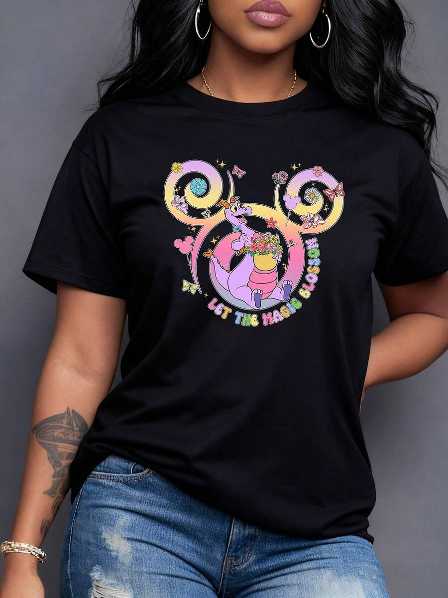 Purple Dragon Holding Flowers Surrounded By Multicolored Circles With Butterflies Symbolizing Joy And Positive Energy. Comfortable And Fashionable Women's T-Shirt - 黑色 - 查看 1