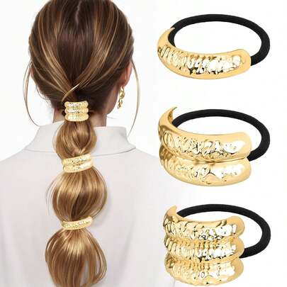 3pcs Of Women's Metal Headbands, Gold Cuffs, Metal Geometric Gold Headbands, Elastic Hair Accessories That Do Not Damage The Ponytail Stand, Ponytail Cuffs Headbands For Hair Styling