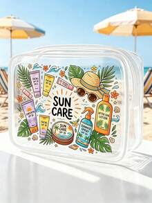 Nueva bolsa de aseo impermeable de PVC con estampado temático de protector solar, bolsa de playa de PVC, diseño fresco de sol y protector solar pintado a mano, regalo de cuidado del protector solar de verano, bolsa organizadora de viaje de PVC con cremallera, bolsa de aseo y cosméticos ligera y resistente a la decoloración, adecuada para hombres y mujeres, de fácil limpieza, adecuada para madres, maestros, amigos, enfermeras, escuela, vacaciones, días festivos, vuelta al colegio - Multicolor - Ver 4
