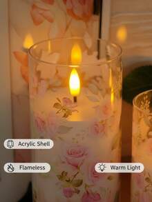 3/6-Piece Transparent Rose Pattern Flameless LED Pillar Candles | Remote Control & Battery Powered | 3D Dimmable Flickering Warm Wick | Romantic Atmosphere Lamp For Photos | Festival, Home & Room Decoration | Diameter 3 Inches * Height 4/5/6 Inches - 暖白光 - 查看 6