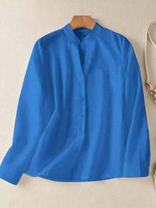 Camisa de mujer de unicolor con cuello en V y botones - Blusa casual y elegante de manga larga con detalle de bolsillo, adecuada para vacaciones, viajes y uso diario, artículo esencial para todas las temporadas de primavera - Azul - Ver 7