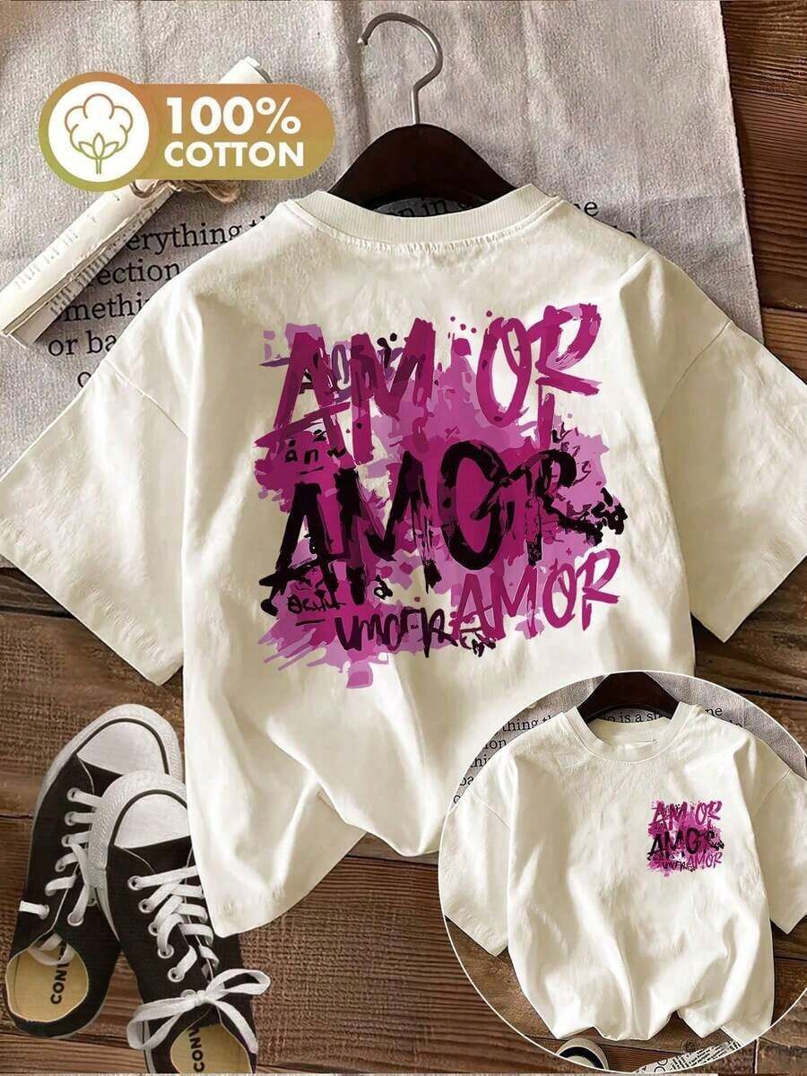 Moda Primavera/Verano [Estampado de Doble Cara] Camiseta de Algodón Puro para Mujer, Estilo Graffiti, Letras con Salpicaduras de Tinta, Salpicaduras Rosa Amor, Regalo para el Día de San Valentín, Tallas Grandes Disponibles, Top Bonito, Estilo Retro Y2K, Corte Holgado. Suave y delicado con la piel. - Albaricoque - Ver 1