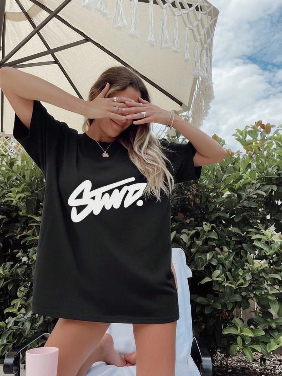 Women's Summer Fashion Short Sleeve T-Shirt Casual Outdoor Fashion 'Letter' Printed Loose Casual Women's T-Shirt - 黑色 - 查看 1