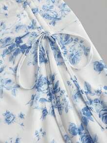 Women's Blue & White Print Ruched Waist Side Tie Asymmetrical Hem A-Line Skirt,Cruise,Hawaii,Blue And White Floral Skirt, Tea Party,Summer - Beis - Ver 7