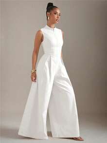 Temperamento elegante, cintura alta, mujeres de color sólido, cremallera sin mangas, mono de moda, pantalones de cercanías delgados - Blanco - Ver 3