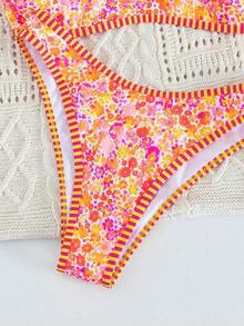Set de 2 piezas Bikini bandeau con estampado floral rosa para mujer, con tirantes desmontables adecuado para vacaciones en la isla y sesiones de fotos en la playa en verano - Multicolor 7 - Ver 6