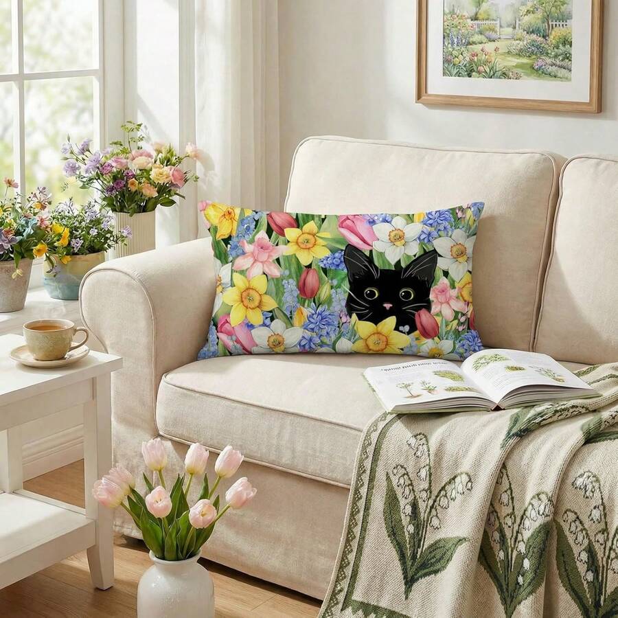 1件水彩黑猫春花腰枕套,花卉水仙郁金香抱枕套,单面印花,不含枕芯 - 彩色 - 查看 1